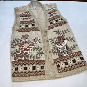 Koret size medium beige brown knit safari giraffe tiger‎ button up vest